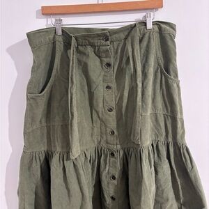 Anthropologie Green Corduroy Bubble Midi Skirt with Tie Front